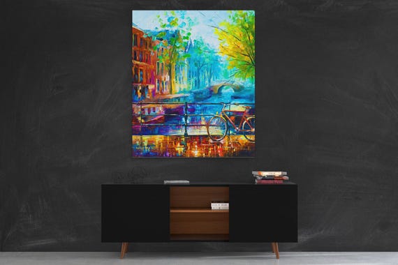 Bicycle Amsterdam - Amsterdam Wall Art • Holland Fine• European Cityscape On Canvas • Wall decor Oil on canvas by Leonid Afremov