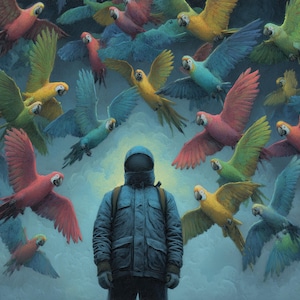 Puede incluir: Una pintura artística representa a una persona con una chaqueta azul y una mochila, rodeada de numerosos loros coloridos en vuelo. Los loros presentan tonos vibrantes de rojo, amarillo, verde y azul, creando una escena dinámica y surrealista.