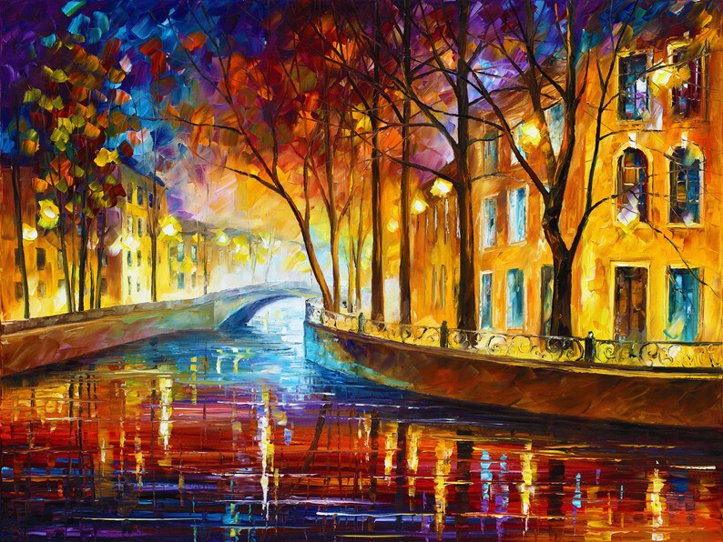 Canal Wall Art Print Night City Artwork on Canvas by Leonid - Etsy