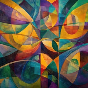 May include: Abstract geometric artwork with a vibrant color palette. The painting features intersecting shapes in shades of yellow, orange, blue, green, and purple. The brushstrokes create a textured effect, adding depth to the composition. The artwork is signed in the bottom right corner.
