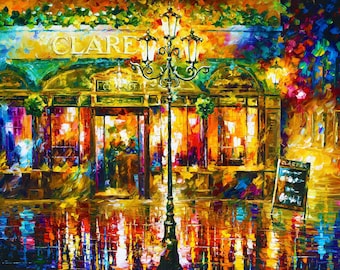 May include: Impressionistic painting of a street scene at night. A black lamppost stands in front of a building with the name "CLARE" above the entrance. The scene is awash in warm colors, with reflections on the wet pavement.