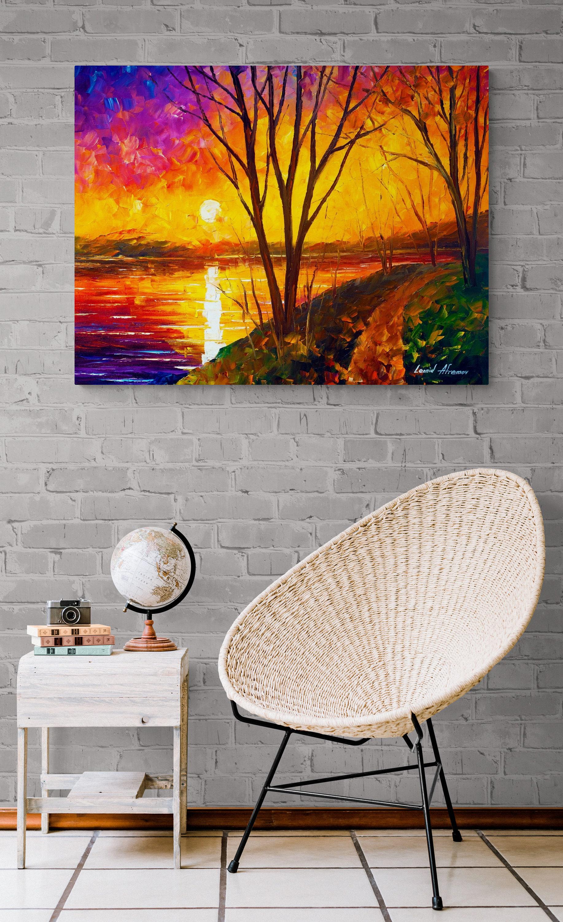 Orange Horizon | Oil Painting of Riverside Sunset by Leonid