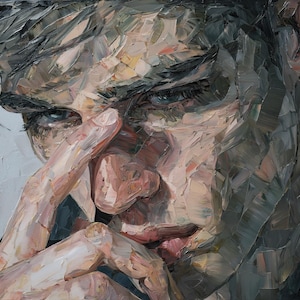 Puede incluir: Retrato de pintura al óleo de una persona con ojos azules, tocándose la cara. La obra de arte utiliza pinceladas gruesas en tonos grises, beige y rosa, creando un efecto texturizado. La firma del artista está en la esquina inferior derecha.
