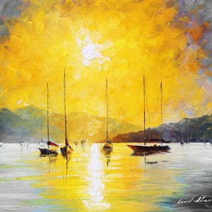 May include: An oil painting of a sunset over a calm sea, featuring several sailboats. The sky is a vibrant yellow with a bright sun, and the water reflects the light. The artist's signature is in the bottom right corner.