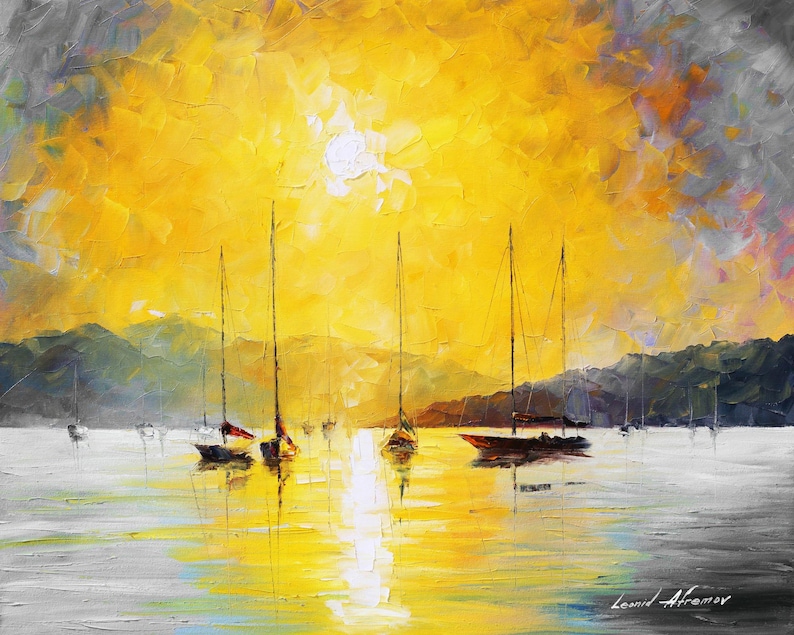 May include: An oil painting of a sunset over a calm sea, featuring several sailboats. The sky is a vibrant yellow with a bright sun, and the water reflects the light. The artist's signature is in the bottom right corner.