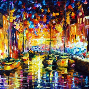 May include: An impressionistic painting of a nighttime harbor scene. Yellow boats are docked along a dark blue waterway, reflecting the colorful lights of the buildings and sky above. The artwork uses thick brushstrokes and vibrant colors.