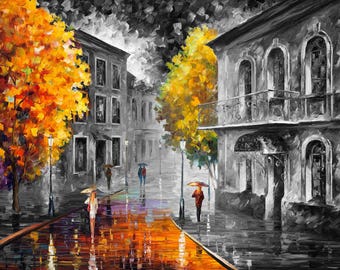 Dipinto a olio su tela realizzato con spatola Scena cittadina dello studio Leonid Afremov
