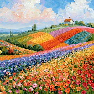Puede incluir: Una pintura al óleo de un paisaje ondulado con campos vibrantes de flores rojas, naranjas, amarillas y moradas. Una pequeña casa se encuentra en una colina lejana bajo un cielo azul brillante con nubes blancas y texturizadas.