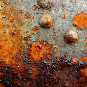 Peut inclure: Gros plan sur une surface métallique texturée et vieillie. La palette de couleurs comprend des nuances d'orange, de brun et de gris, avec des éléments circulaires en relief. L'ensemble suggère l'âge et la dégradation industrielle.