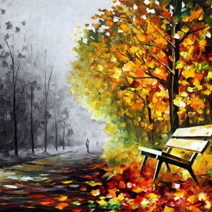 Puede incluir: Pintura al &oacute;leo de una escena de parque en oto&ntilde;o. El lado izquierdo es en escala de grises, mostrando &aacute;rboles desnudos y un camino. El lado derecho estalla con vibrantes colores oto&ntilde;ales, un banco y hojas ca&iacute;das. Una persona camina a lo lejos.