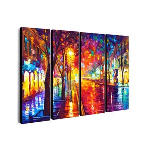May include: A vibrant, multi-panel canvas print depicting a colorful street scene at night. The artwork features a street lined with trees and illuminated by streetlights, with reflections in the wet pavement. The color palette includes blues, oranges, and yellows.