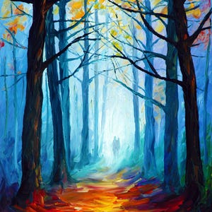 May include: An oil painting of a forest scene with tall, dark brown trees framing a path. The path is illuminated with warm yellow and orange hues, leading to a bright, misty background. The painting has a vibrant, impressionistic style.