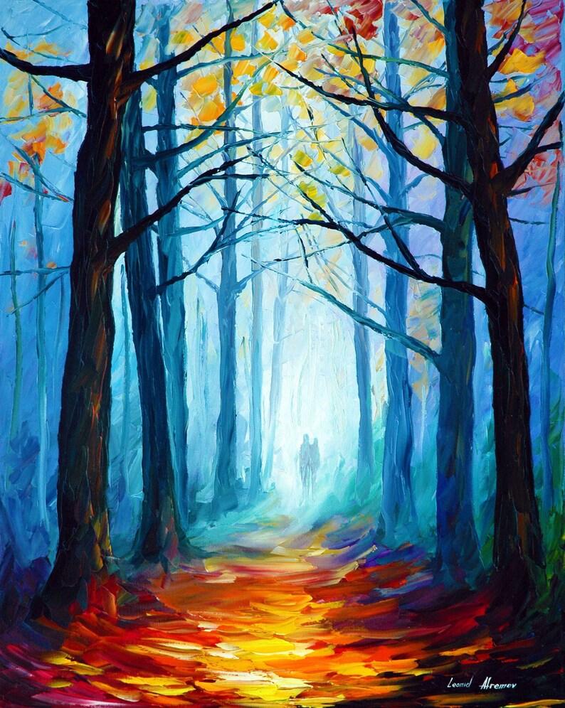 May include: An oil painting of a forest scene with tall, dark brown trees framing a path. The path is illuminated with warm yellow and orange hues, leading to a bright, misty background. The painting has a vibrant, impressionistic style.
