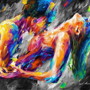 May include: An abstract oil painting depicts two figures in a passionate embrace. The artwork uses a vibrant palette of blues, oranges, yellows, and purples against a grayscale background. The brushstrokes are thick and textured, creating a dynamic and emotional scene.