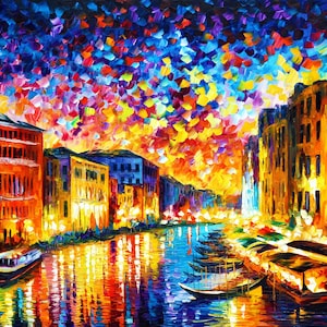 May include: An impressionistic painting of a canal scene at dusk. Buildings with warm, orange and yellow hues line the water's edge. The sky is a mix of blues, purples, and yellows, with reflections in the water. Boats are docked along the canal.