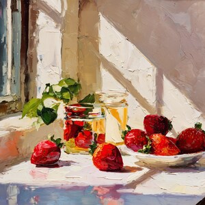 May include: Oil painting of a sunlit windowsill featuring a still life of strawberries. A white bowl holds several ripe berries, with additional strawberries scattered nearby. Two glass jars are filled with a red preserve and a clear liquid.