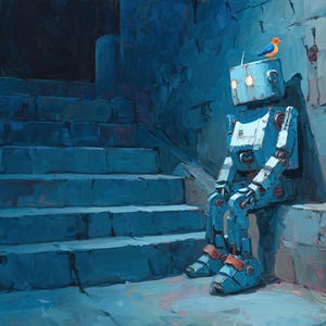 Peut inclure: Peinture à l'huile d'un robot bleu assis sur un rebord en pierre près d'un escalier. Un petit oiseau bleu et orange est perché sur la tête du robot. La scène est peinte dans des tons froids, suggérant un cadre crépusculaire.