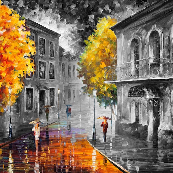 Pintura al óleo de paisaje urbano en blanco y negro sobre lienzo de Leonid Afremov