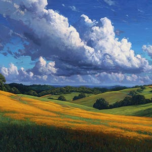 May include: A landscape painting depicts a vibrant scene of rolling hills under a dramatic sky. The foreground features a field of yellow flowers, transitioning to green grass. Fluffy white clouds dominate the blue sky, with darker storm clouds in the distance.
