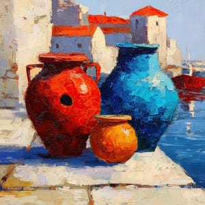 Puede incluir: Pintura al óleo de tres jarrones de cerámica en tonos rojo, azul y naranja. Los jarrones están sobre una superficie blanca, con un pueblo costero y agua al fondo. La pintura tiene un estilo impresionista texturizado.