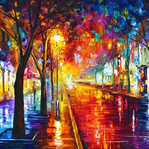 Pode incluir: Uma pintura impressionista de uma rua da cidade &agrave; noite. A obra apresenta cores vibrantes, incluindo vermelho, laranja, amarelo, azul e roxo. Os postes de luz iluminam o pavimento molhado, refletindo os edif&iacute;cios e &aacute;rvores coloridas.