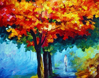 Dipinto a olio "Sopra il letto", alberi autunnali rossi, decorazioni autunnali colorate per la camera da letto, di Leonid Afremov Studio