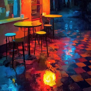 Puede incluir: Una pintura impresionista de una escena de bar. La imagen presenta mesas redondas con taburetes, iluminadas por una cálida luz naranja. El suelo tiene un patrón de cuadros, que refleja los colores vibrantes de la escena. El tema general es un ambiente acogedor y acogedor.