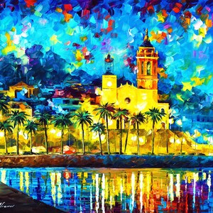 May include: An impressionistic painting of a coastal town at night. The artwork features a yellow church with a tall steeple, palm trees, and the reflection of lights in the water. The sky is a mix of blues and colorful brushstrokes.