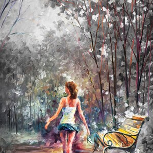 May include: An oil painting shows a woman walking in a park, with a bench on the right. The artwork uses a palette of grey, white, and brown. The woman is wearing a white top and blue skirt. The trees have red and brown branches.