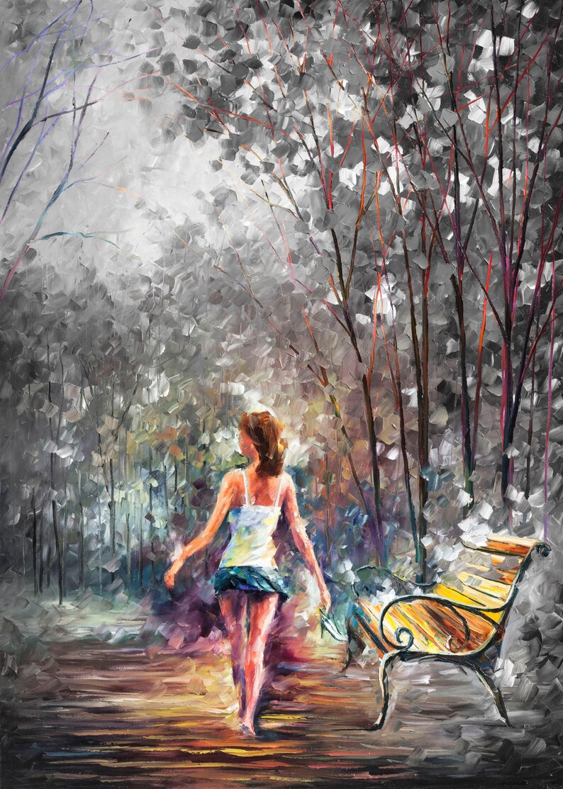 May include: An oil painting shows a woman walking in a park, with a bench on the right. The artwork uses a palette of grey, white, and brown. The woman is wearing a white top and blue skirt. The trees have red and brown branches.