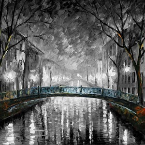 May include: An oil painting depicting a nighttime cityscape with a bridge over a canal. The artwork is primarily in grayscale with accents of blue, orange, and yellow. Bare trees frame the scene, and streetlights illuminate the buildings.