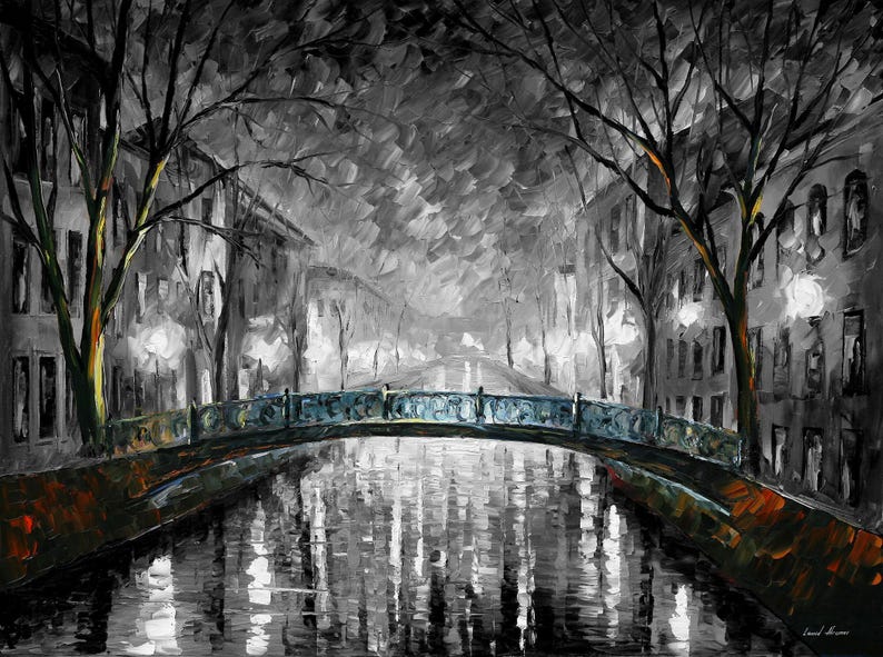 May include: An oil painting depicting a nighttime cityscape with a bridge over a canal. The artwork is primarily in grayscale with accents of blue, orange, and yellow. Bare trees frame the scene, and streetlights illuminate the buildings.
