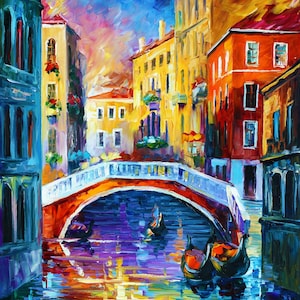 May include: Oil painting depicting a Venetian canal scene. Buildings in yellow, orange, and blue hues flank the canal. A red and white bridge arches over the water, with gondolas below. The artwork has a textured, impressionistic style.