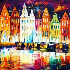 May include: An impressionistic painting of a cityscape at night. Buildings with colourful facades in shades of yellow, orange, and white line the waterfront. Reflections of the buildings and lights shimmer in the water below, creating a vibrant and dynamic scene.