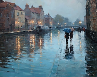 RAIN ON the CANAL: Óleo pintado a mano sobre lienzo por Leonid Afremov Gallery