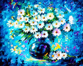 Daisy Wall Art | Blue Oil painting | Colorful Artwork By Leonid Afremov