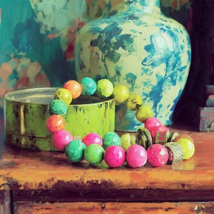 May include: A still life painting featuring a green tin, a blue and white vase, and a colorful beaded bracelet. The bracelet has beads in shades of pink, green, yellow, and orange. The background has floral patterns.
