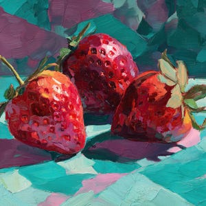 May include: An oil painting depicts three ripe strawberries with green stems and leaves. The strawberries are a vibrant red with textured surfaces, set against a teal and purple background. The artwork has visible brushstrokes.