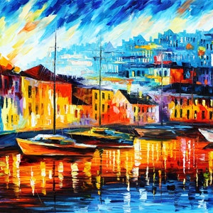 Nautical Oil Painting, Docks at Night, Blue Artwork, Seascape Wall Decor, Vibrant Colors, Modern Style by Leonid Afremov Studio