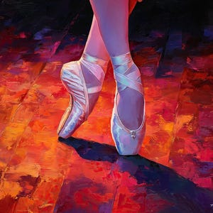 Puede incluir: Pintura al óleo de los pies de una bailarina con zapatillas de punta. Los zapatos blancos tienen cintas de satén, sobre un fondo de tonos rojos, naranjas y morados, creando un efecto dramático. La obra captura la gracia y elegancia del ballet.