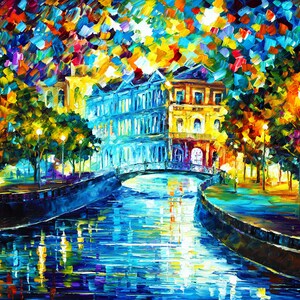 Blue Cityscape Canvas Print: Captivating River Scene by Leonid Afremov Studio for Kitchen Wall Decor