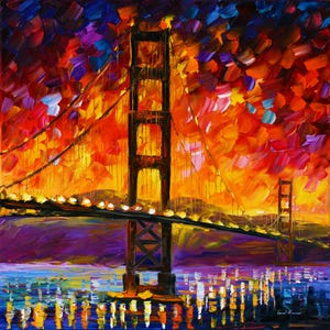 May include: Impressionistic painting of the Golden Gate Bridge at sunset. The bridge is depicted in a warm, golden hue, with vibrant orange, red, and purple brushstrokes in the sky and water. The artwork captures the bridge's structure and the reflections in the water.