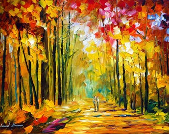 May include: An impressionistic oil painting of an autumn forest scene. The artwork features a path leading into the distance, flanked by trees with vibrant yellow, orange, and red foliage. Two figures are walking on the path.