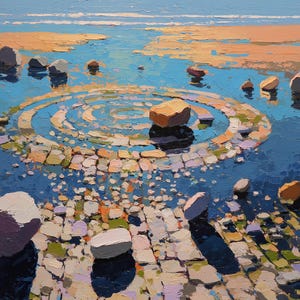 Puede incluir: Pintura al óleo de una escena costera con una formación de piedra en espiral en el agua. La obra de arte utiliza azules, naranjas y grises, con pinceladas texturizadas. Grandes piedras están dispersas alrededor de la espiral y a lo largo de la orilla.