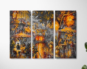 Tram Oil painting On Canvas | 5 Panels Cityscape | Set Of Oil paintings Cafe by Leonid Afremov Studio