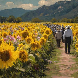 Pode incluir: Pintura a óleo de um campo de girassóis amarelos com um caminho que o atravessa. Um grupo de pessoas de chapéu e camisa caminha pelo caminho. Montanhas e céu azul ao fundo.