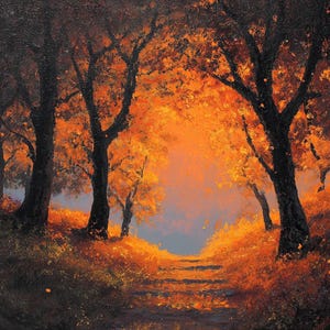 Könnte beinhalten: Ölgemälde eines Waldweges im Herbst. Bäume mit dunklen Stämmen und Ästen, leuchtend orange und gelbe Blätter. Der Weg ist mit Herbstlaub bedeckt, unter einem sanften blauen Himmel.