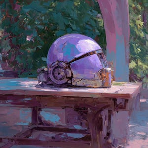 Puede incluir: Un casco futurista morado y dorado descansa sobre una mesa de madera. El casco tiene forma redondeada con visera y detalles mecánicos. El fondo presenta un exuberante follaje verde y un estilo artístico suave.