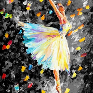 May include: Oil painting of a ballerina in a yellow tutu with blue and purple accents, set against a black and gray background. Colorful brushstrokes create a dynamic effect, with splashes of red, orange, and yellow.
