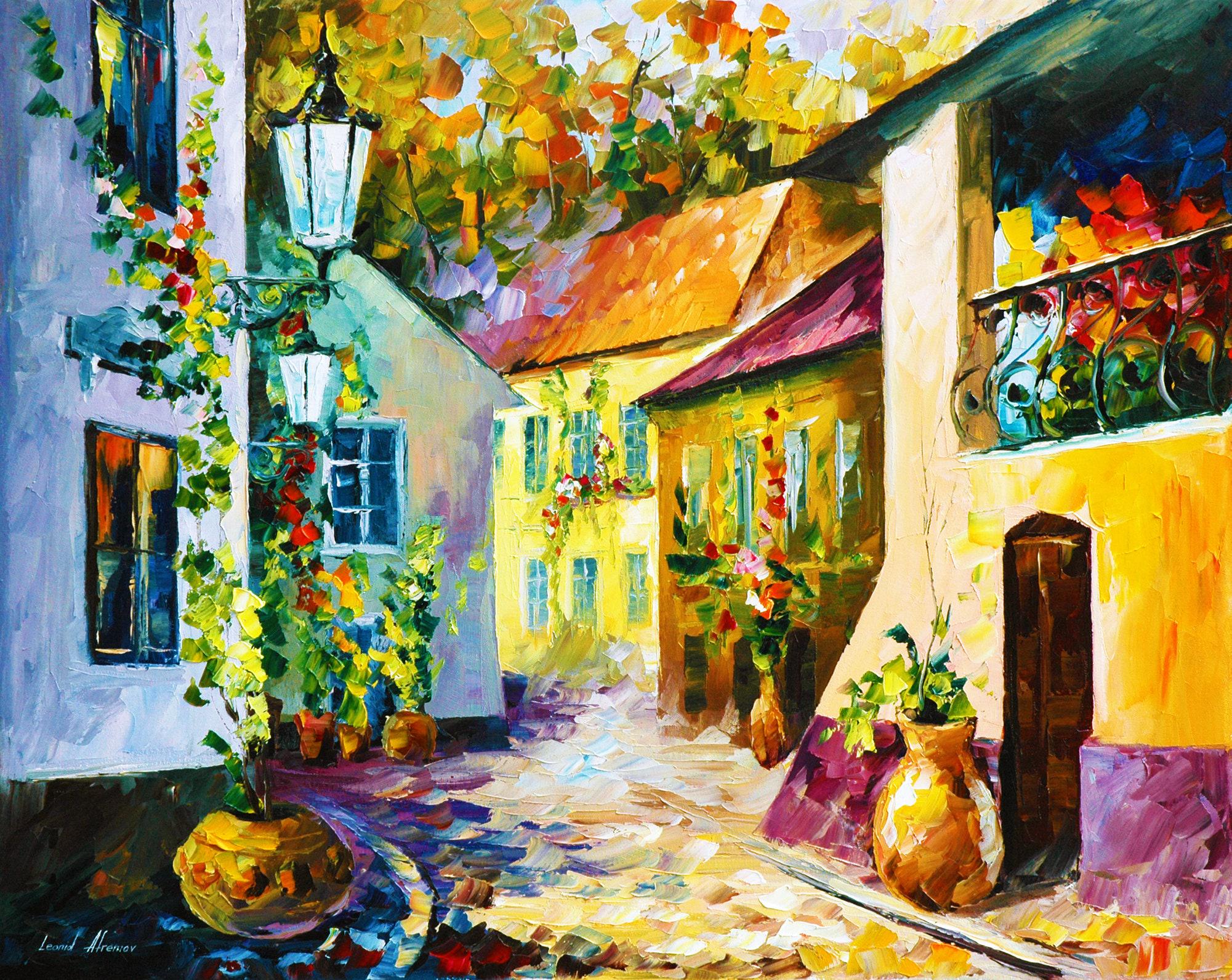 Auerbach、Autumn Evening、海外版超希少レゾネ、新品額付 Hot Noon - Captivating Autumn Scene: Italian Street Basked in